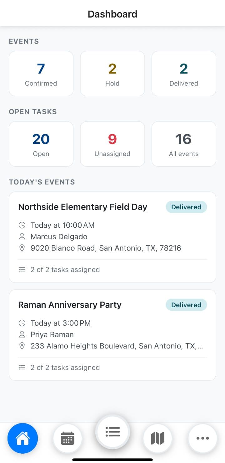 PartyPad Admin app dashboard with confirmed events, open tasks and today's events