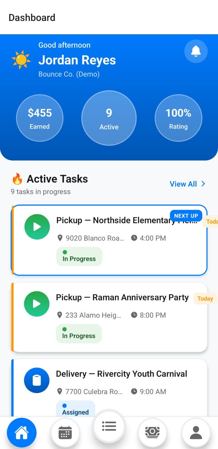 PartyPad crew app showing a contractor's earnings and today's deliveries and pickups