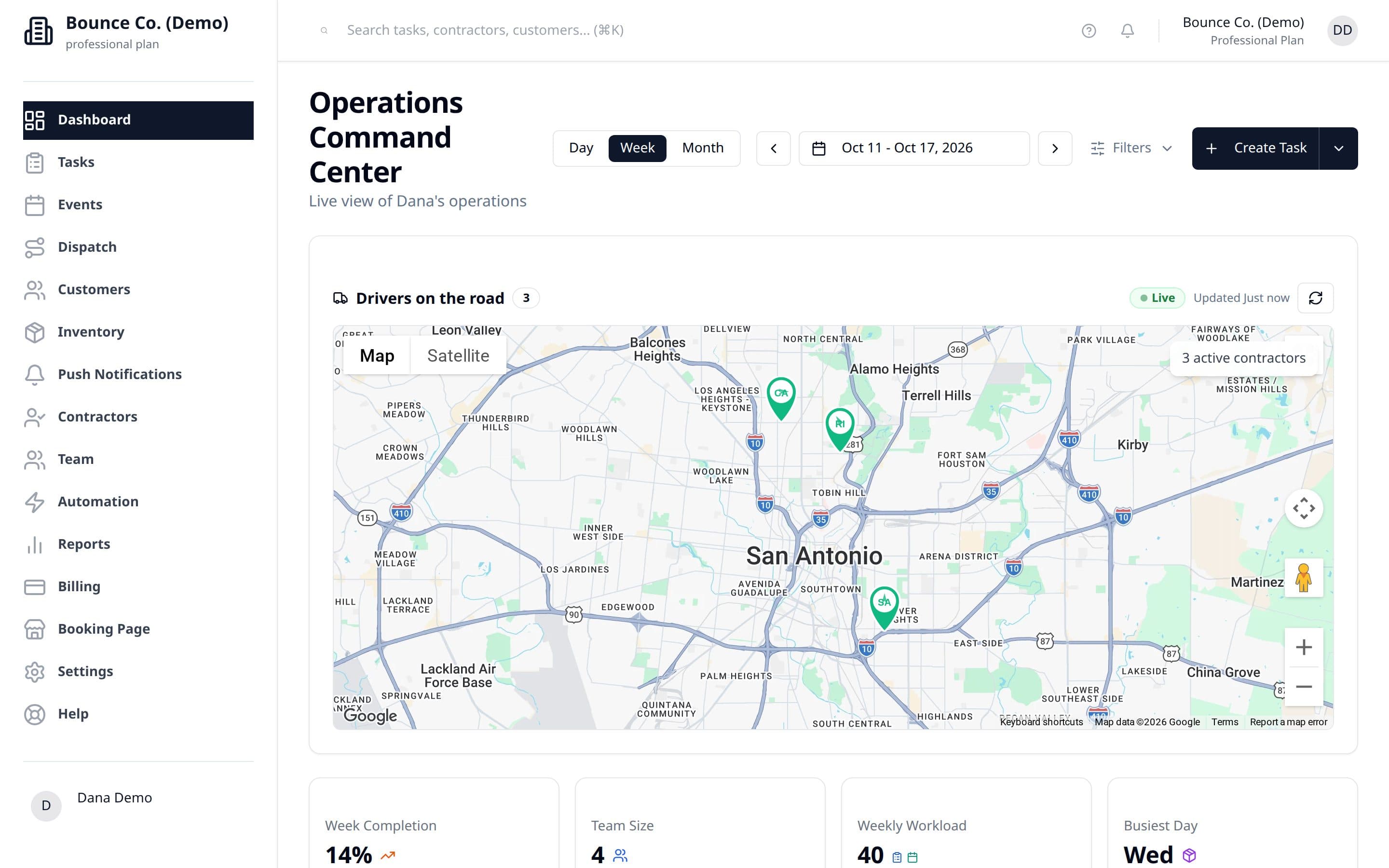 PartyPad dashboard with a live map of three crews driving in San Antonio
